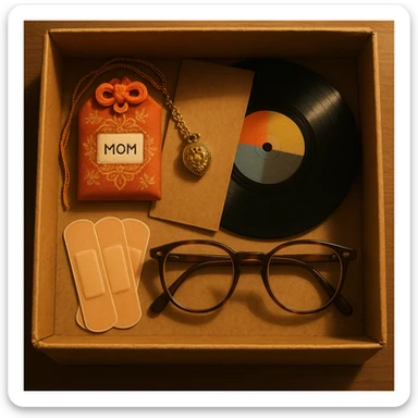 An open box containing a protective amulet from mom, a vinyl record from a friend, bandages, and glasses sticker