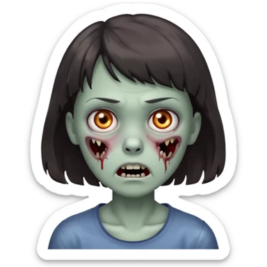A zombie with a scared face, with medium wavy dark hair and short bangs sticker