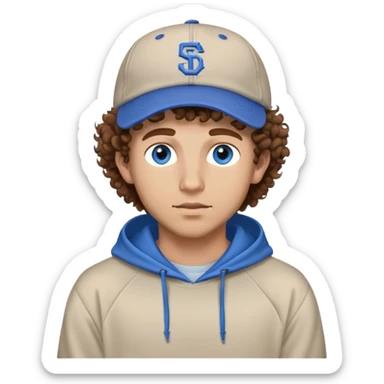 Guy with backward baseball cap and hoodie on and brown curly hair and blue eyes and 5 o clock shadow  sticker