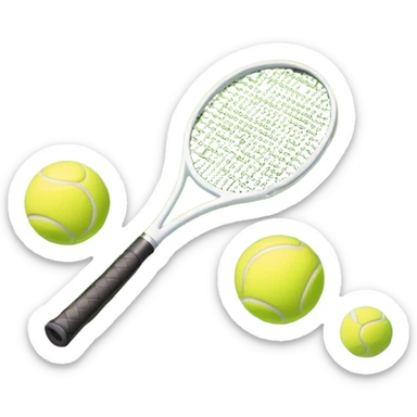 A tennis racket and ball positioned on a grass court, with the net and lines clearly visible in the background. The scene emphasizes the classic elements of the sport, capturing the energy and precision of a tennis match. sticker