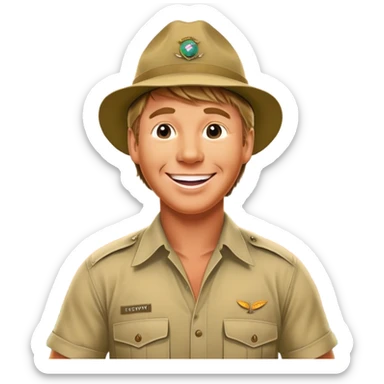 Cinematic Realistic Steve Irwin Portrait Emoji, depicted as a passionate wildlife expert in his signature khaki attire with an enthusiastic smile and a backdrop of the Australian outback, rendered with vibrant textures and dynamic natural lighting that captures his adventurous spirit. sticker