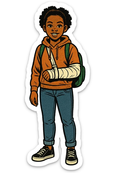 the full body of a young black teenage girl.  She is standing facing forward so we can see her face on. She is wearing a backpack, jeans and a hooded jumper.  One of her arms is in a bandage from a broken elbow. sticker