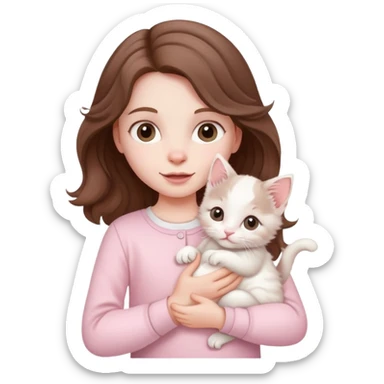 A little girl with wavy brown hair and pale pink clothes holds a white kitten sticker
