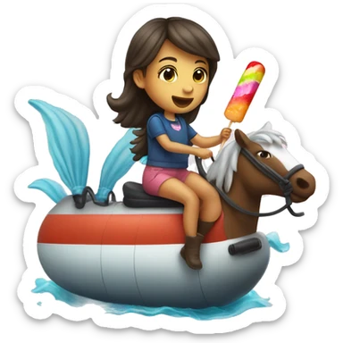 Cute girl riding a horse while on a submarine and eating a popsicle  sticker