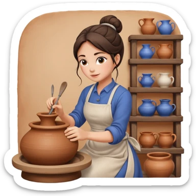 Brunette girl with bun, behind pottery wheel sticker