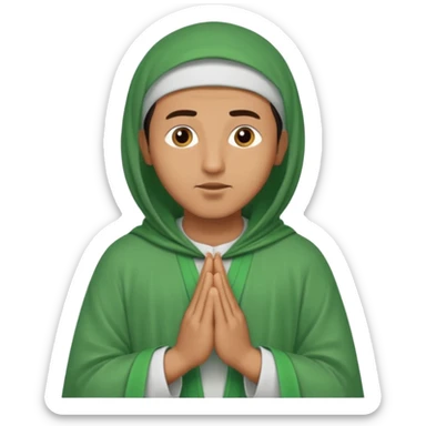 an Algerian man praying, dressed in green with a djellaba sticker