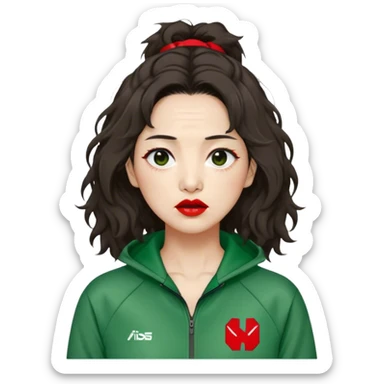 Han Mi-nyeo: Age Late 60s
A woman with many wrinkles face, frizzy, very messy dark brown hair and dramatic red lipstick.
Outfit: Green player tracksuit sticker