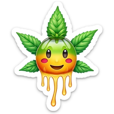 generate an emoji-style image of a juicy gummy shaped like a marijuana flower, make it colorful and with liquid dripping out sticker