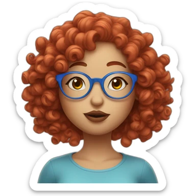 a curvy girl with curly red hair and blue glasses blowing a kiss sticker