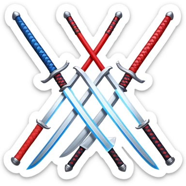 Design a stylized emoji icon of two crossed katanas, each with a different colored aura (e.g. blue and red), representing the fusion of two opposing ideas. The swords should look elegant, not aggressive – symbolizing creativity through contrast and harmony.





 sticker