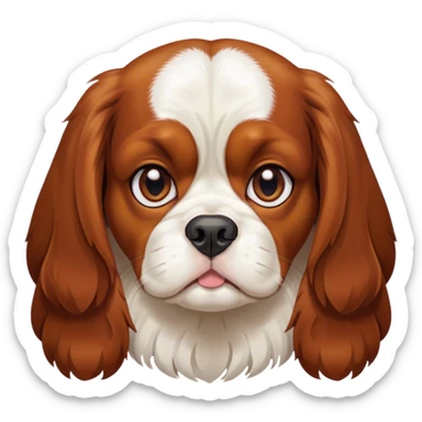 Cinematic Grumpy Blenheim Cavalier King Charles Spaniel Portrait Emoji, Head tilted slightly with a deeply unimpressed expression, thick Blenheim coat with pronounced chestnut and white markings, large, droopy brown eyes narrowed into an unamused glare, ears slightly drooping in exasperation, Simplified yet comically expressive features, highly detailed, glowing with a dry, sarcastic glow, high shine, effortlessly judgmental yet dignified, stylized with a touch of cynicism, bright but brooding, soft glowing outline, capturing the essence of an eternally unimpressed yet endearing companion, so lifelike it feels like it could sigh heavily at you in disdain at any moment! sticker