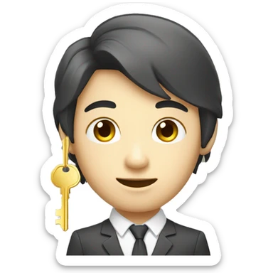 skinny eyed asian realtor with hair handing a gold key sticker