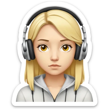 "- Nữ
- 20 tuổi
- Da vàng
- Tóc vàng ngang vai
- Mặt nghiêm túc
- Đeo tai nghe

" sticker