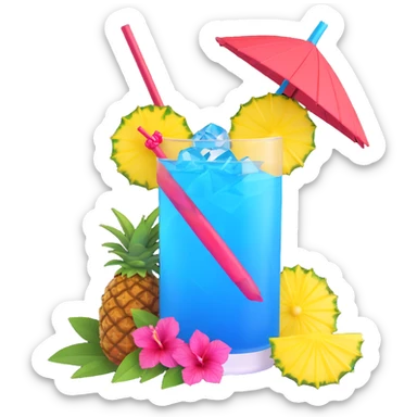 vibrant tropical fruity blue cocktail with hibiscus, pineapple slice, and paper umbrella garnish sticker