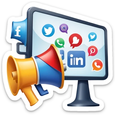 An icon featuring a megaphone, a billboard, and social media icons, symbolizing advertising and public relations. The design includes a press release and a rising graph, representing brand promotion and communication strategies. Transparent background highlights media influence and outreach. sticker
