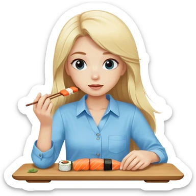 Blonde longhair girl eating sushi in sky blue shirt  sticker