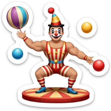 Icon for Circus Arts: a vibrant circus arena with a strongman in a striped costume, a juggler, and a clown performing. The icon should capture the excitement and energy of a circus show, with emphasis on skill and entertainment. Transparent background. sticker