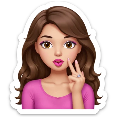 girl with long wavy brown hair, brown eyes, light to medium complexion, in a pink sexy top, pink puckered lips, long lashes, shushing sticker