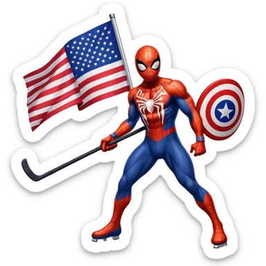 Muscular Spider-Man with hockey stick and USA flag sticker