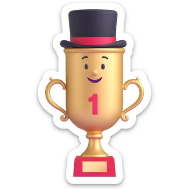 whimsical trophy with top hat on top and #1 written on the trophy body sticker