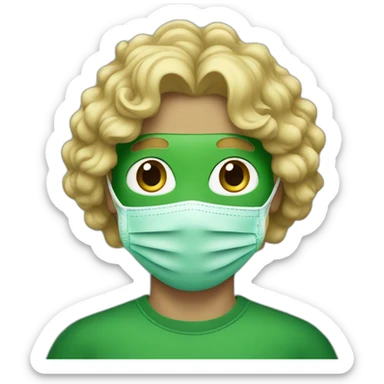 A man wearing a green mask with medium length blonde curly hair sticker