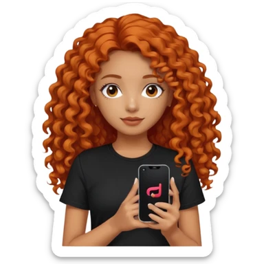 A girl with long, dark orange curly hair, wearing a black T-shirt, is holding a phone with the TikTok icon sticker