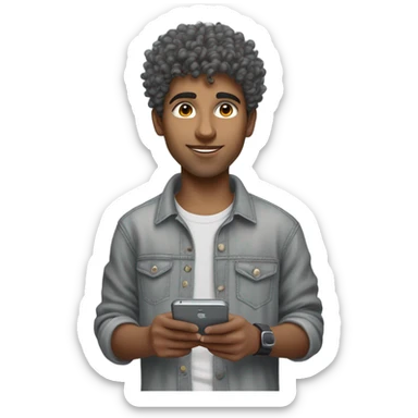 Pakistani boy wearing a grey oversized tee with grey jeans and timbs holding an iphone 16 texting high top fade curly hair sticker