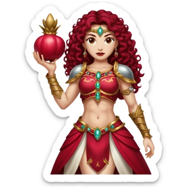 full body woman long curly brown hair brown eyes white skin tattoos muscular build pomegranate empress armor split open jewel seeds glow sticker