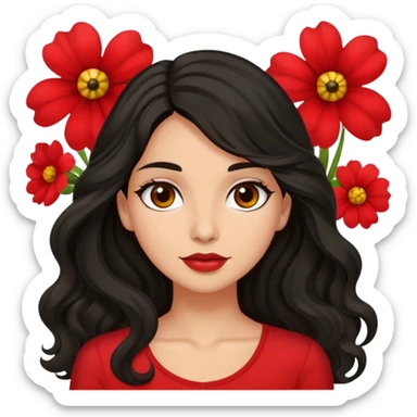 Olive brown eyed women with black long wavy hair red flower background red top sticker