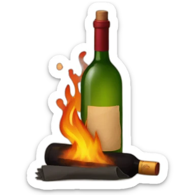 a bottle of wine with a rag on top on fire sticker