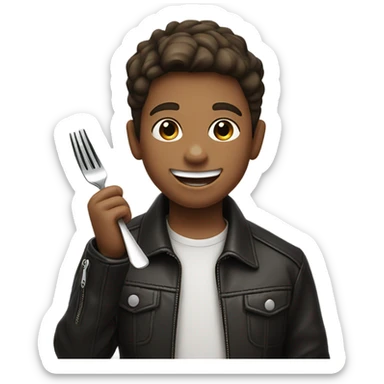 smiling boy in leather jacket eating a steak sticker
