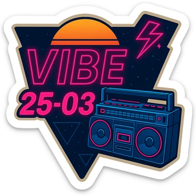 Edit the logo to add an 'E' at the end of 'VIB' so it reads 'VIBE'. Maintain the neon 80's synthwave style and the boombox focus exactly as in the original. The background should be transparent with no background color. sticker