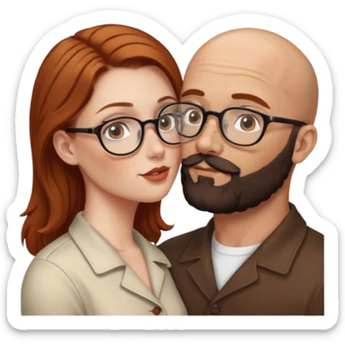 Couple. Bald man with dark brown-black beard. White woman with many small, faded freckles, she has white skin and she has auburn-brown-cinnamon, dark long hair. She has light brown eyes. The man have hazel eyes and glasses. Retro style. She kisses him. sticker