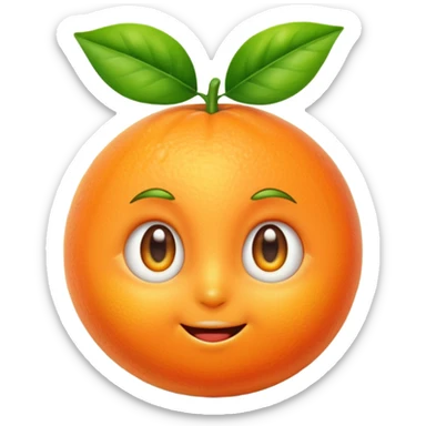 cute tangerine emoji with big shiny eyes, small smile, blushing cheeks, green leaf on top, looking touched and emotional sticker
