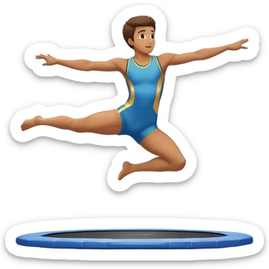 An athletic person soaring high above a trampoline, executing an acrobatic flip with perfect form. The scene captures motion and energy, with a dynamic pose, stretched limbs, and a focused expression. The background suggests a professional trampoline arena with safety padding. sticker