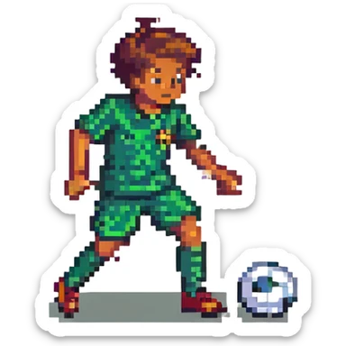 pixel art of a soccer player casting a spell while dribbling a ball sticker