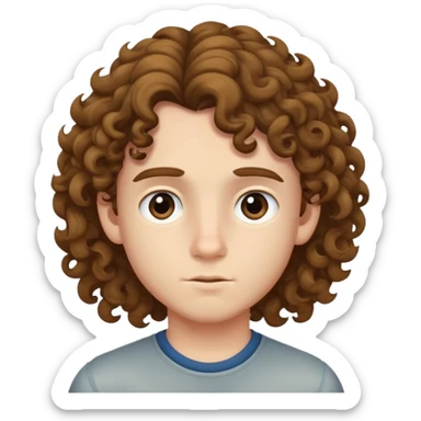 A boy with long curly hair side eyeing sticker