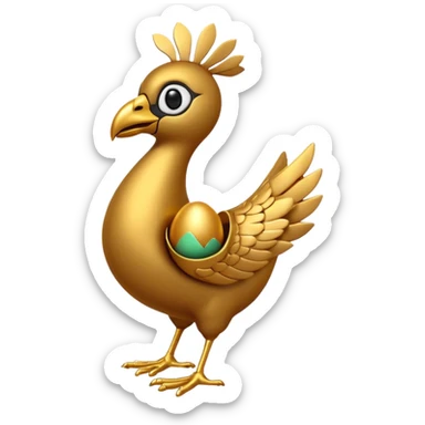 A 3D cartoon Sankofa bird with its head gracefully turned backward holding a golden egg in its beak, symbolizing learning from the past, single bird in frame, gold and brown tones, clean black background, Memoji-style rendering sticker