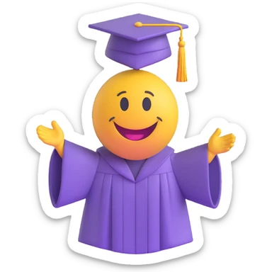 3D smiley emoji, round shape, student in graduation gown at diploma ceremony, purple color, happy face sticker