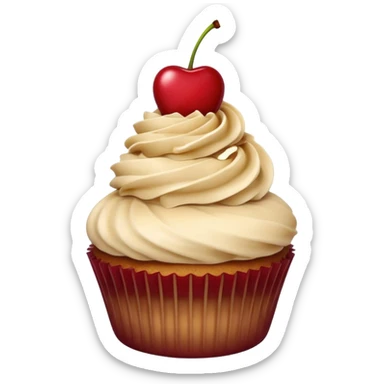 cupcake with beige frosting and a cherry on top sticker