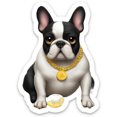Black-and-tan French bulldog laying on big pile of gold coins sticker