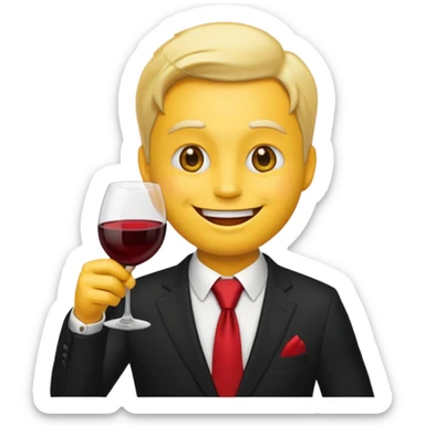 Yellow emoji with black suit and red tie, drinking wine, freaky smiling face, handsome sticker