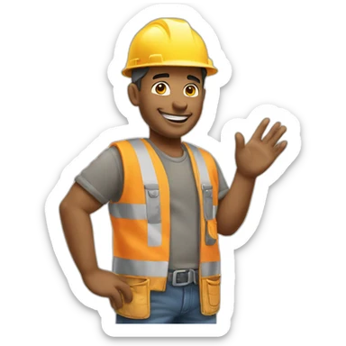 Construction mason greets with his hand and a smile sticker