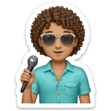 curly haired man with summer clothes and sun glasses holding microphone sticker