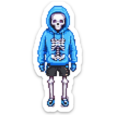 Sans from Undertale, pixel art style, blue hoodie, black shorts, white skeleton sticker
