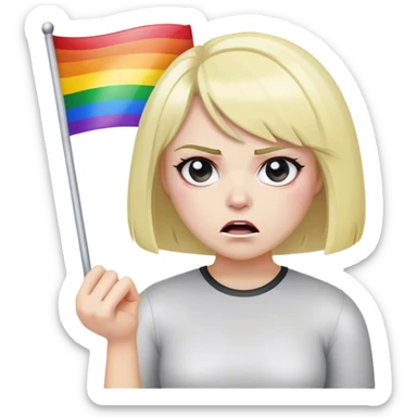 White lady with a bob hairstyle holding a rainbow flag while looking angry on the face sticker