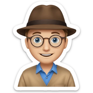 A man with sharp and thin face, brown round glasses, a brown hat and a brown costume with beige shirt (shoulders only), with blue eyes and a large smile on his face and menacing eyes. sticker