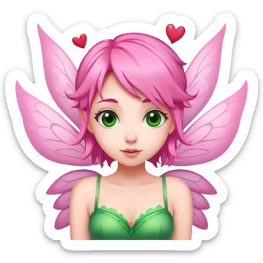 pink hair, pink wing fairy in green dress hearts sticker