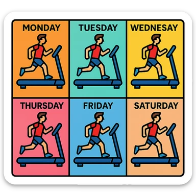A picture is into seven parts showing a sportsman runnig on the treadmill. In each little picture there is a name of the days of the week, from monday to sunday sticker