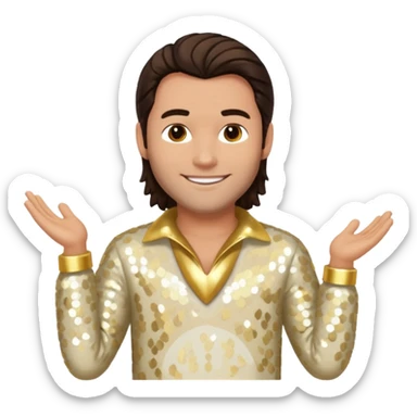 Chris Pontius from Jackass with long dark brown hair, cream sequin outfit sticker